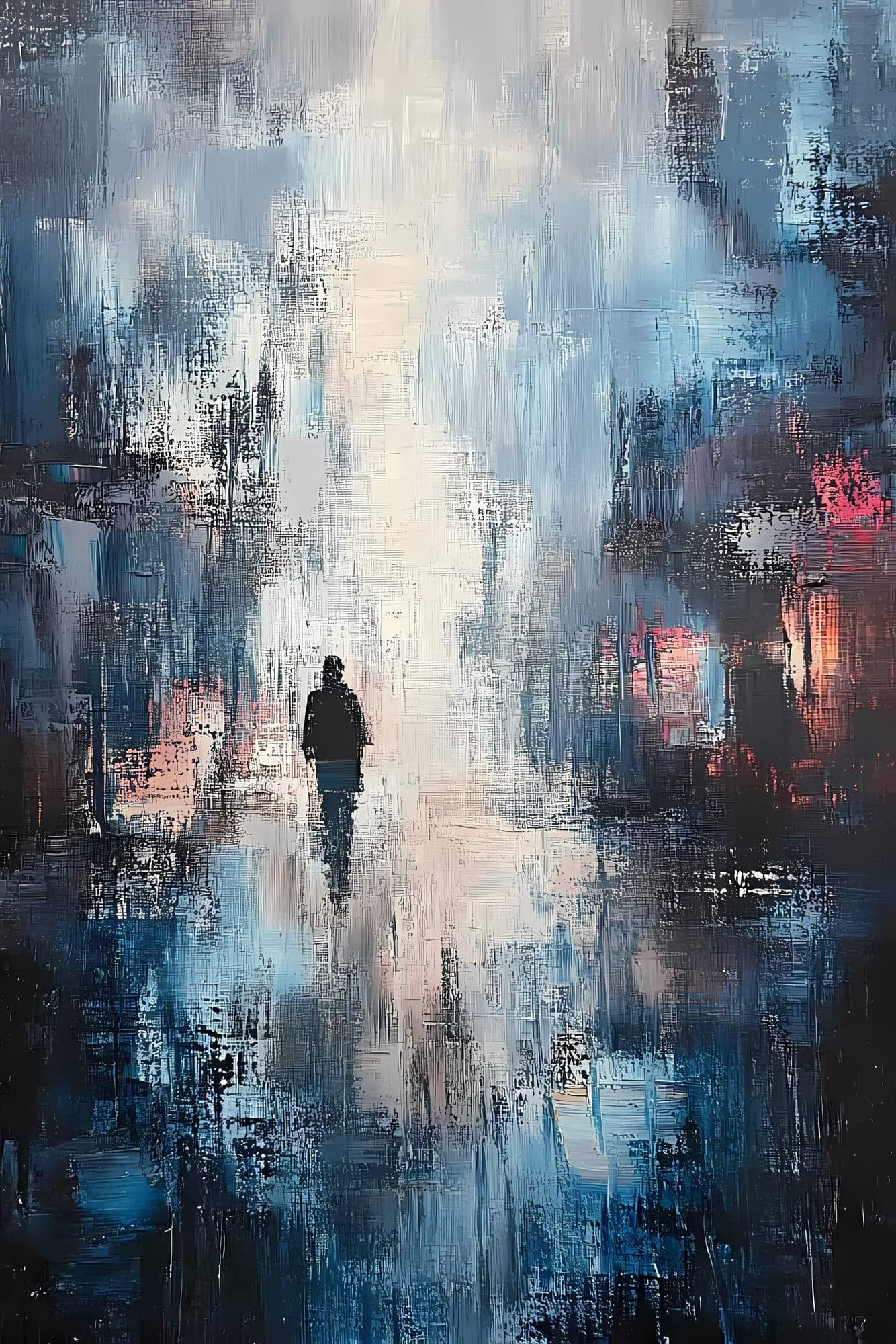 The painting is a dream, the shadow of a lonely man dissolving in a soft fog.