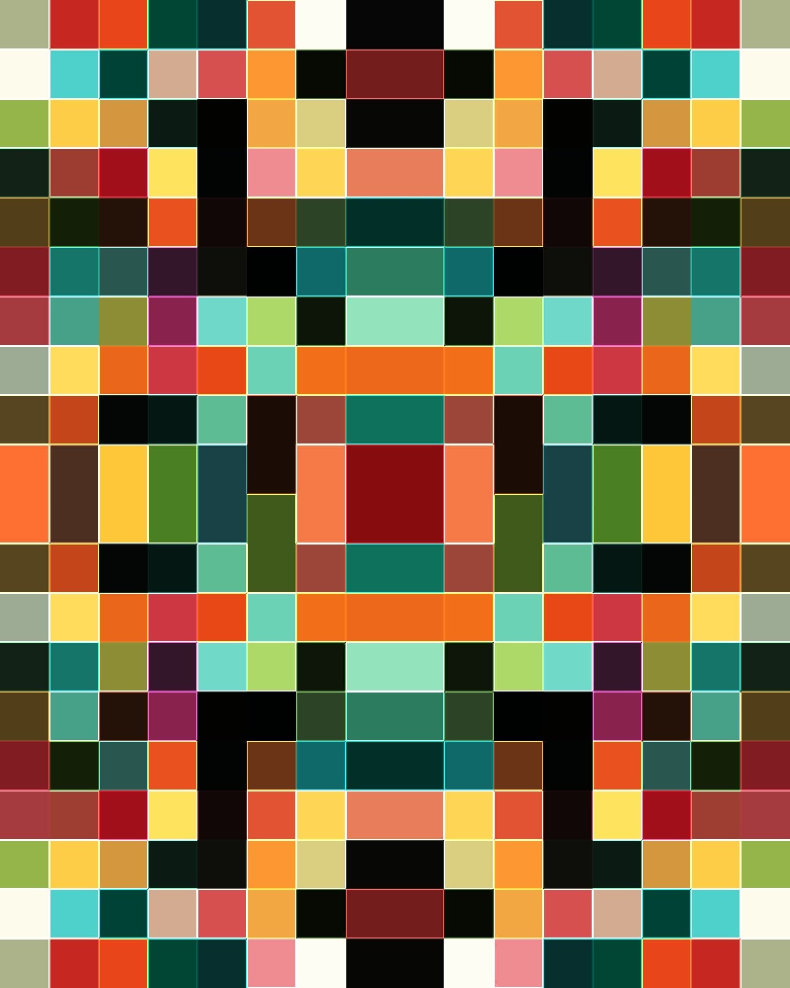 Pixel kilim woven from autumn: terracotta, ochre, olive, and one dark red hearth quietly burning at the center of the grid.